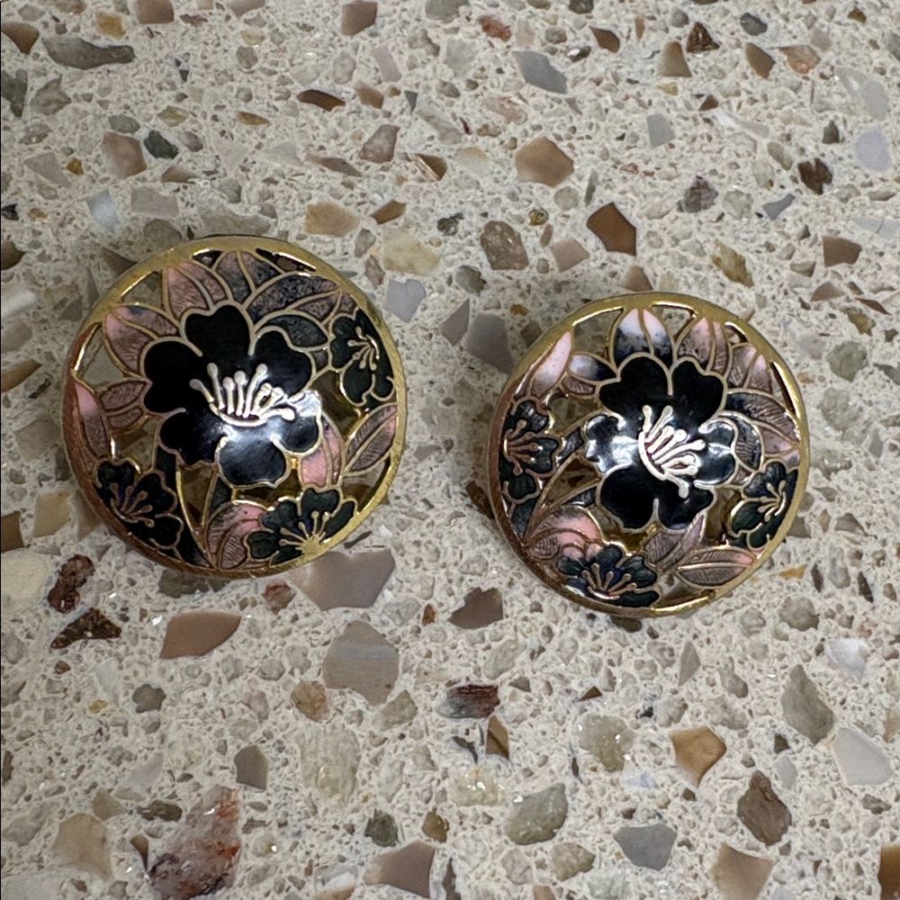 Vintage Cloisonne Pierced Earrings ~Floral~